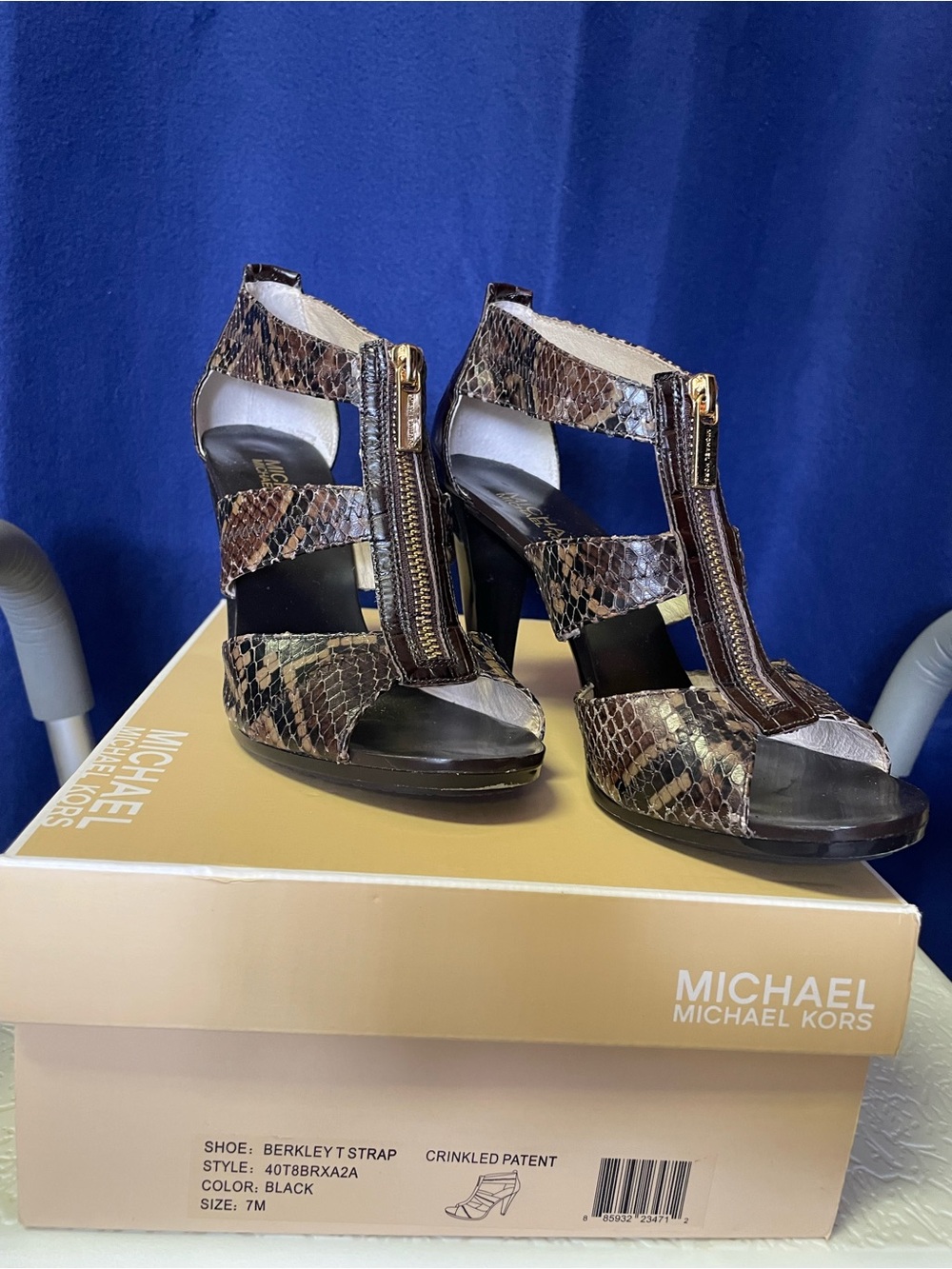 Michael Kors Brown Snake-Print T-Strap Heels with Front Zipper